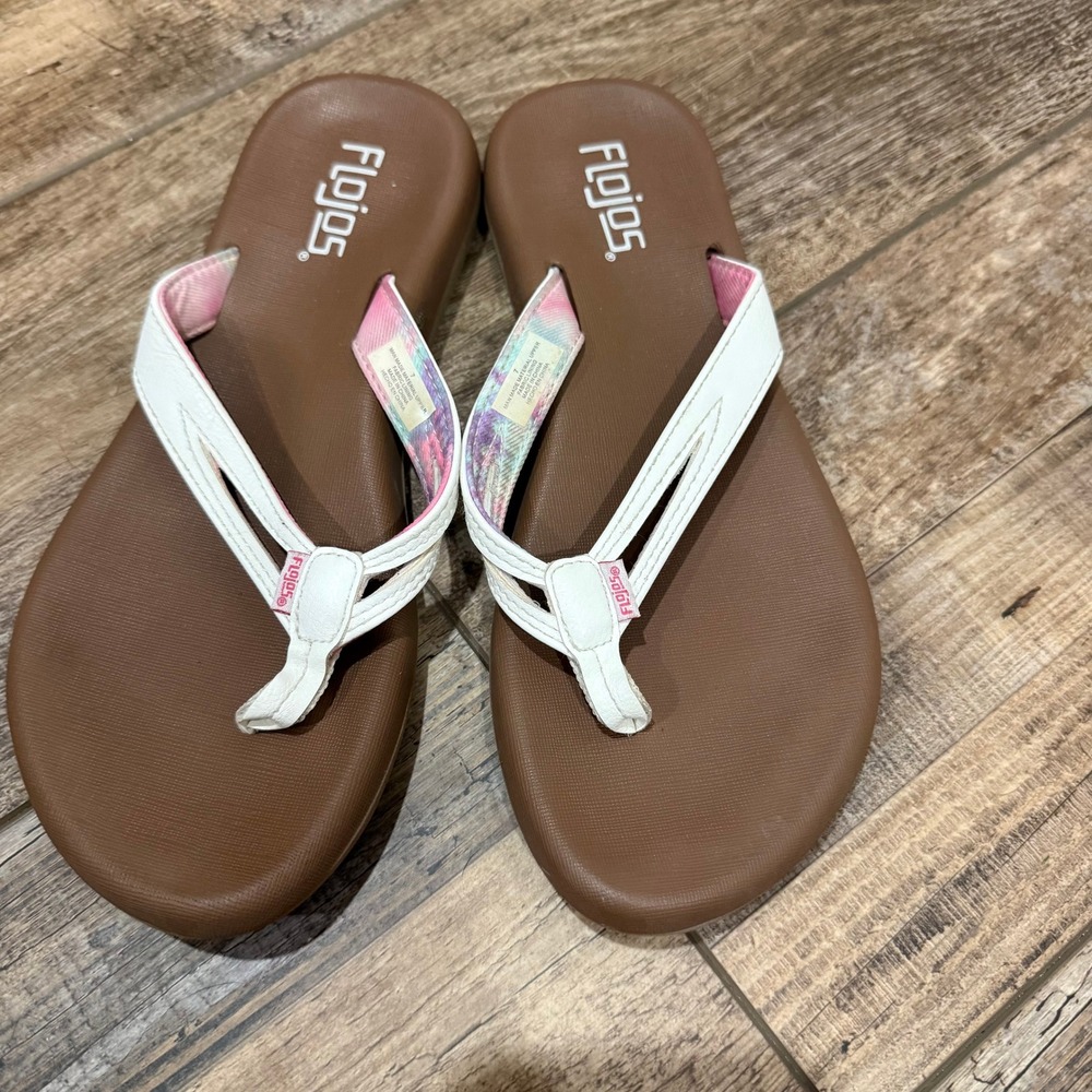 Flojos Womens White Brown Split Strap Flip Flop Sandals Size 7 Round‎ Toe Casual